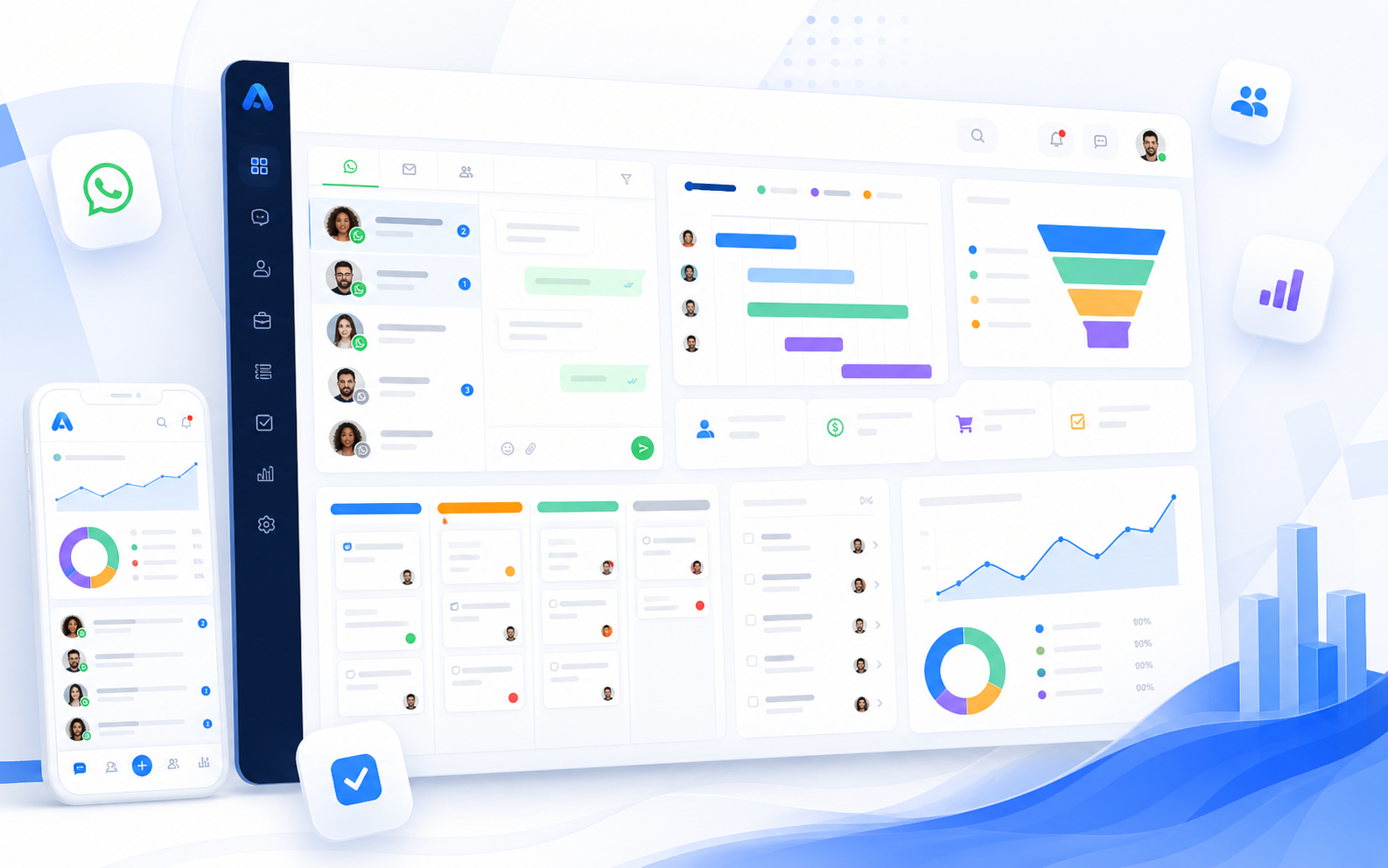 Dashboard do Aelion CRM com WhatsApp, projetos, tarefas, leads e relatórios