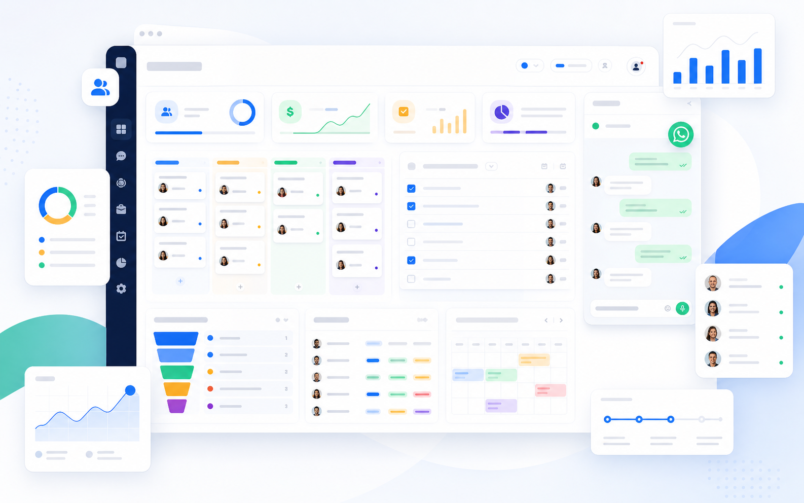 Dashboard operacional do Aelion CRM com módulos, WhatsApp, funil, tarefas e indicadores